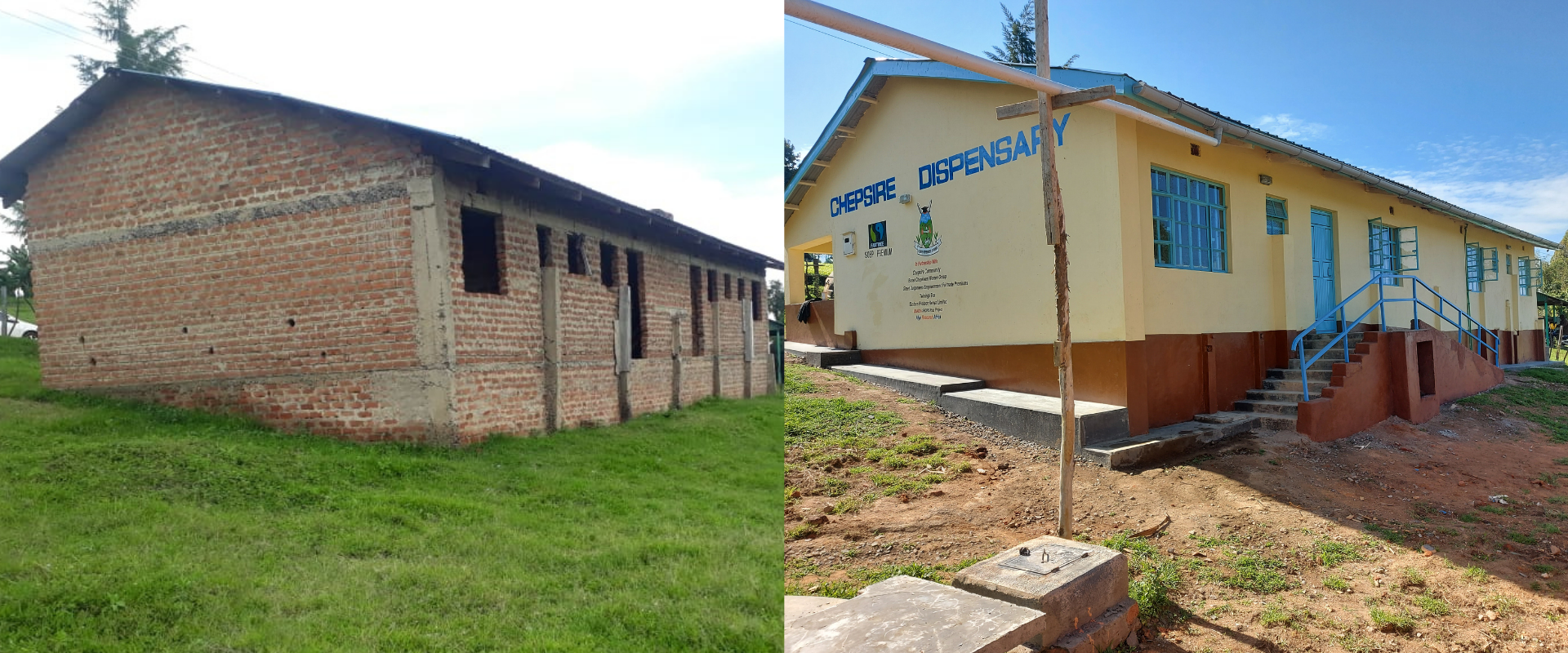 two images of the Chepsire Health Dispensary, one before renovations, one after.